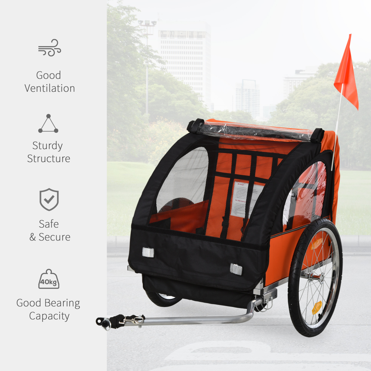 HOMCOM 2-Seat Child Bike Trailer with Steel Frame, Five-Point Harnesses & Roll-Up Door – Kids Trailer, Orange