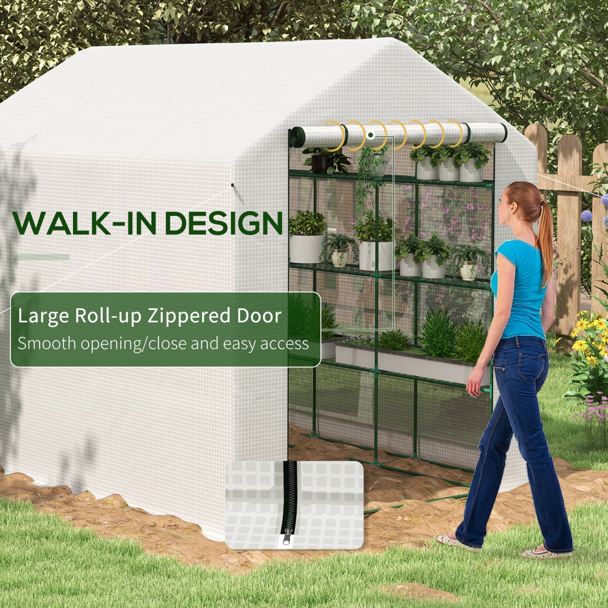 Outsunny Walk-In Greenhouse Polytunnel with Roll-Up Door & 3-Tier Shelves – 244 x 180 cm, Reinforced PE Cover
