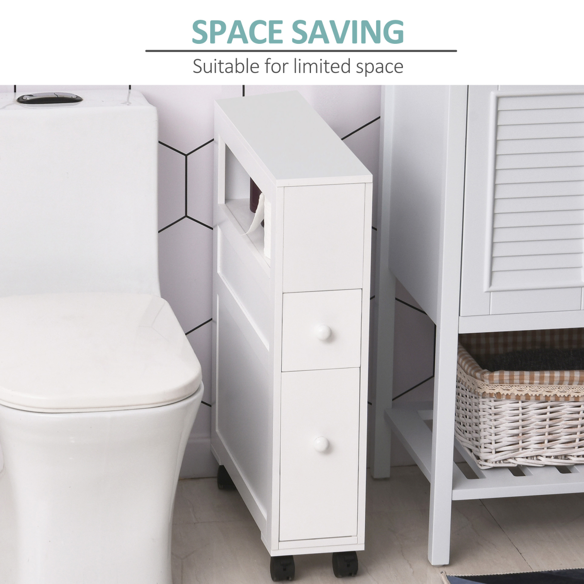 HOMCOM Slim Rolling Bathroom Storage Unit with 2 Drawers – 16cm Wide Space-Saving Trolley