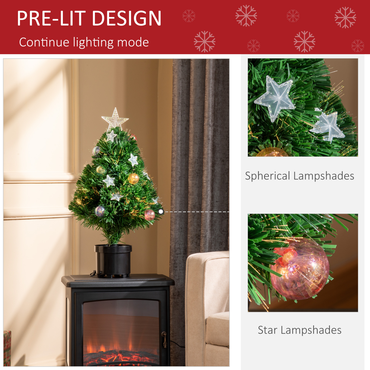 HOMCOM 2ft Pre-Lit Artificial Christmas Tree with Fibre Optic and 60 Warm White LEDs – Tabletop Pot Tree, Green