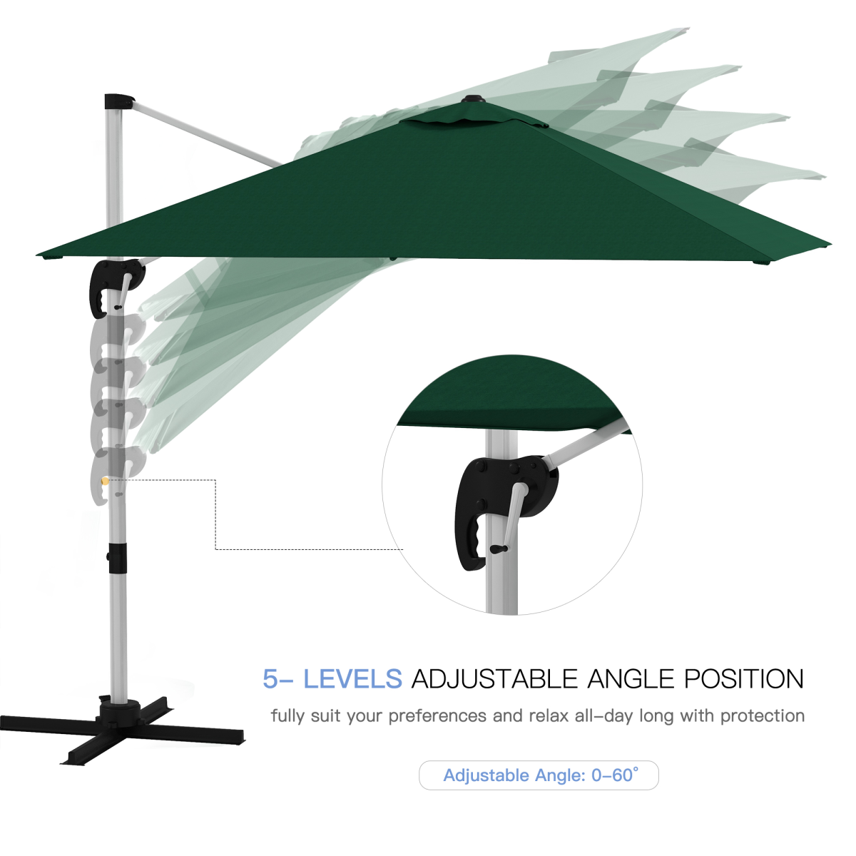 Outsunny 3 x 3m Cantilever Roma Parasol with 360° Cross Base and 5-Level Tilt – Garden Umbrella, Green