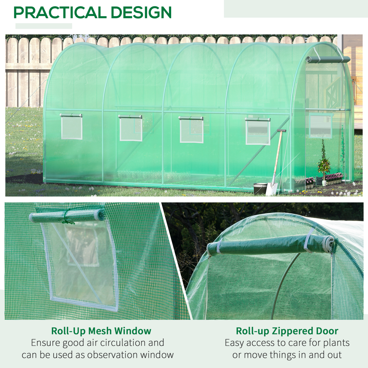 Walk-in Polytunnel Greenhouse with Galvanised Steel Frame & Roll-Up Windows – Garden Grow Tunnel, Green