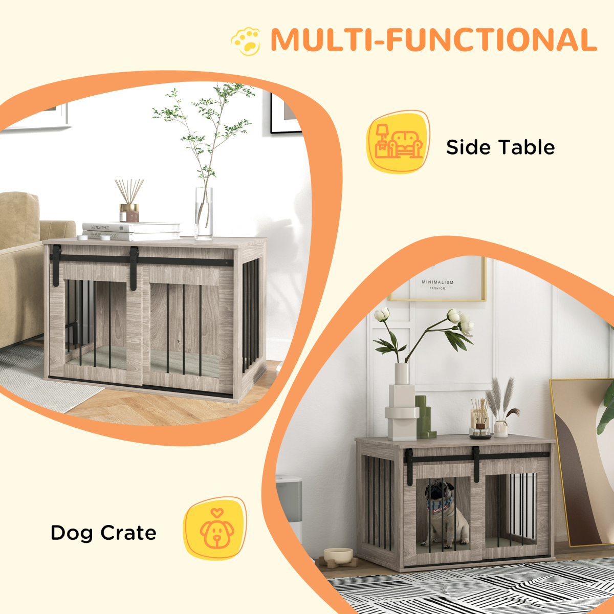 PawHut Dog Crate Furniture with Removable Cushion and Sliding Barn Door, Side Table for Medium Dogs – Brown