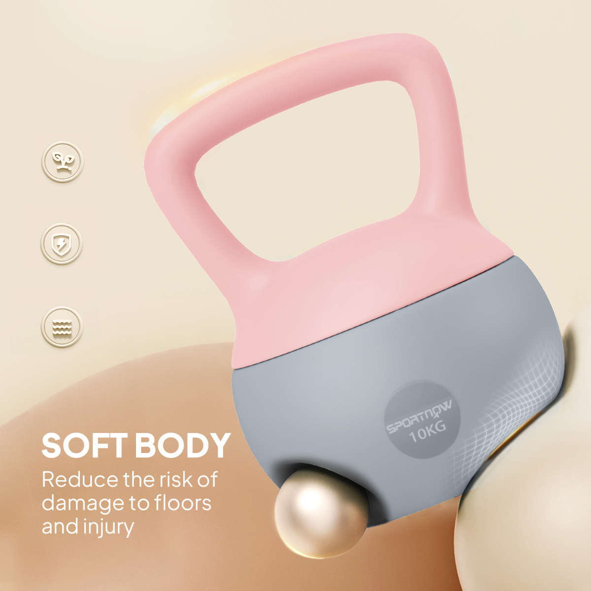 Soft Body Kettlebell 10kg with Non-Slip Ergonomic Handle – Home Gym Strength Training, Pink and Grey