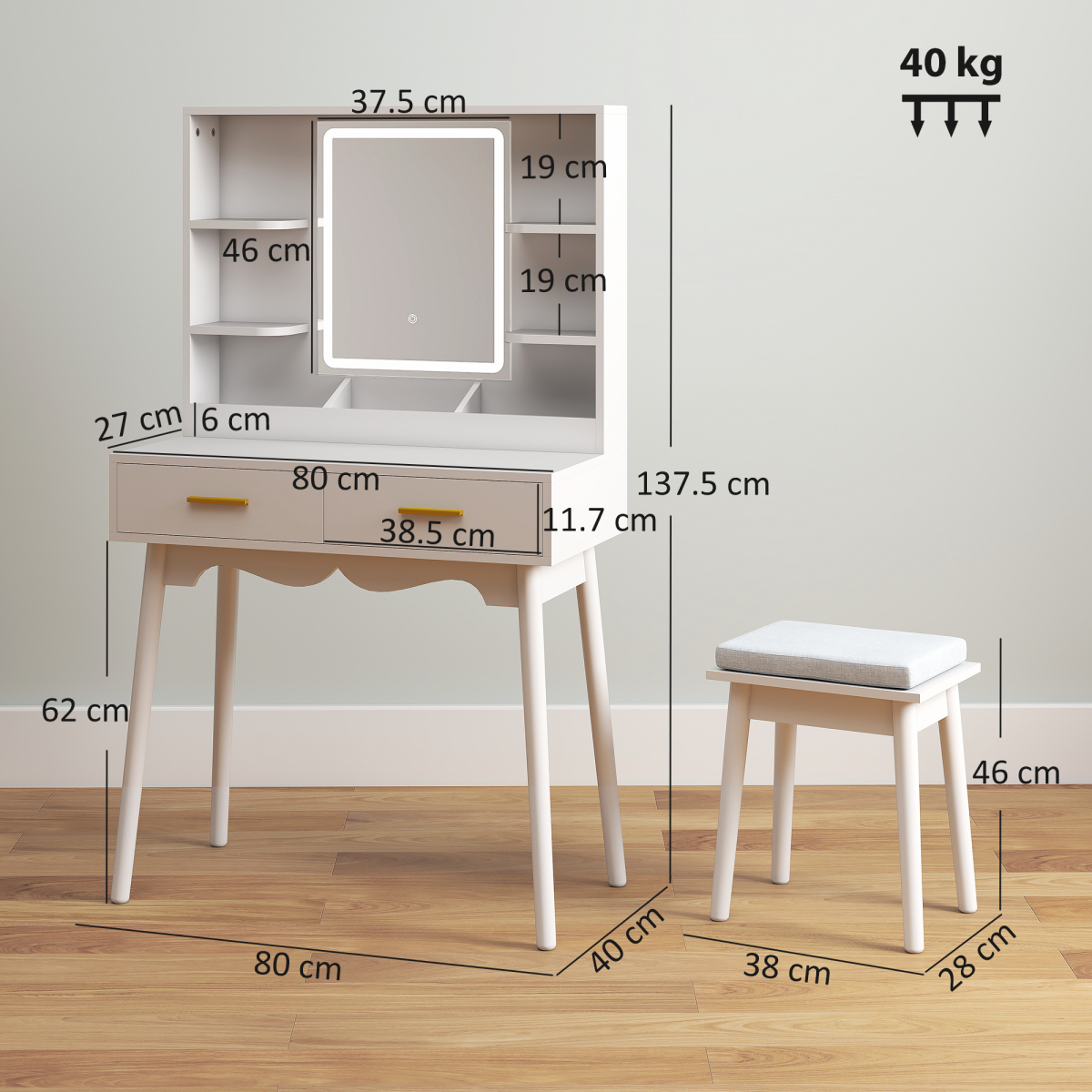 HOMCOM Dressing Table Set with LED Lighted Mirror, 2 Drawers, 4 Shelves & Cushioned Stool – White and Gold