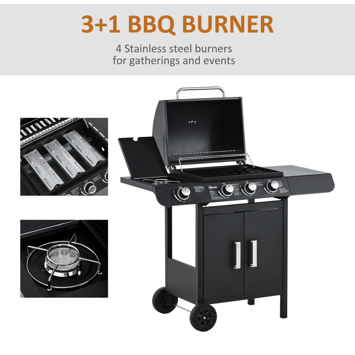 Outsunny Deluxe 3+1 Burner Gas BBQ Grill Trolley with Side Burner and Warming Rack, 110 x 50 x 100cm