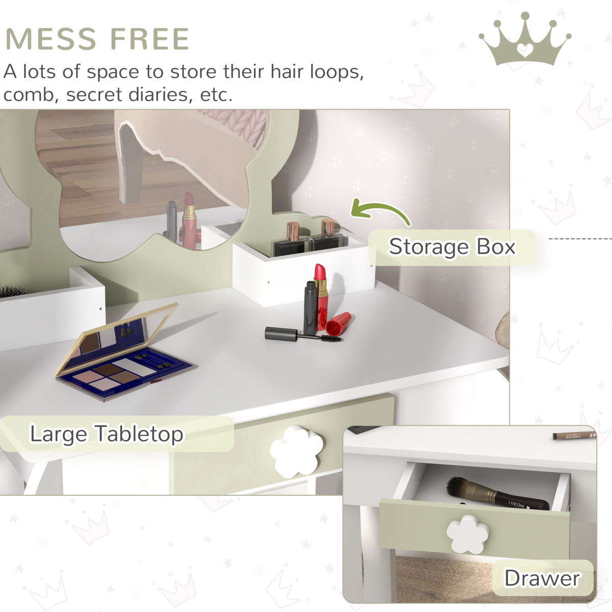 ZONEKIZ Kids Vanity Table Set with Stool, Mirror & Drawer, Flower Design – Girls Dressing Table, White