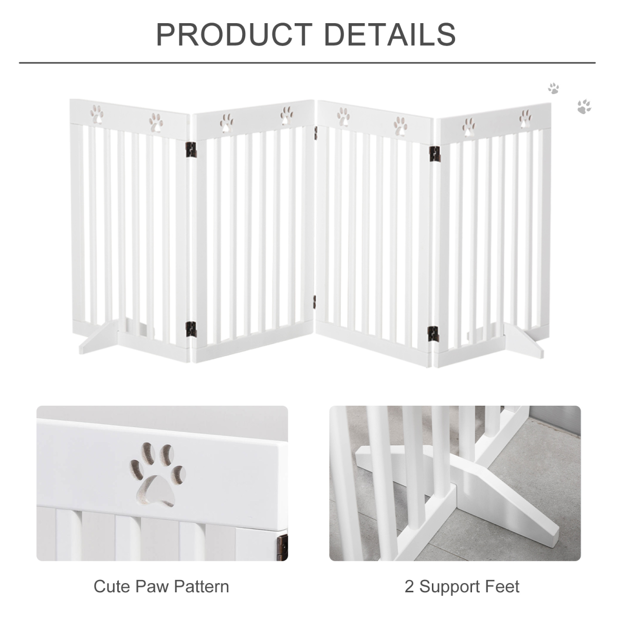 Pawhut Foldable Freestanding Dog Gate with Support Feet – MDF Pet Safety Barrier for Doorways & Stairs, White