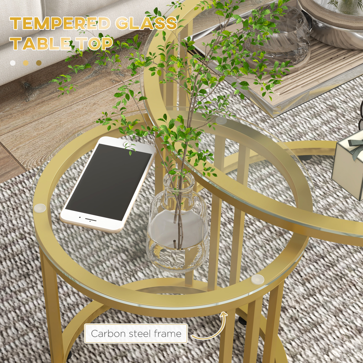 HOMCOM Set of 2 Round Nesting Coffee Tables with Tempered Glass Tops – Space-Saving Gold Tone Side Tables