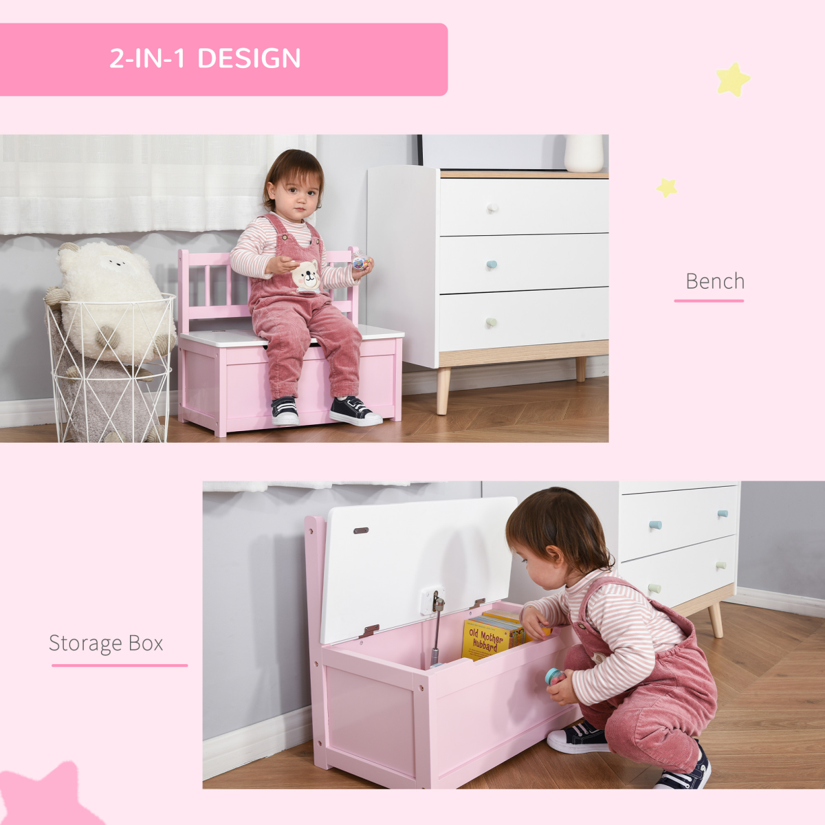 HOMCOM Kids Toy Box with Seat Bench, Gas Stay Bar & Hidden Storage – Wooden Children's Storage Chest