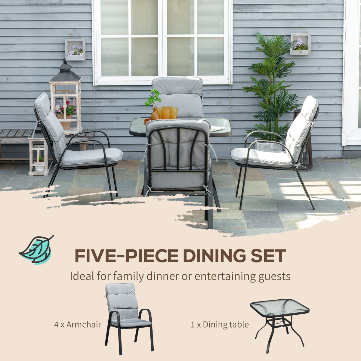 Outsunny 5-Piece Garden Dining Set with Glass-Top Table, Umbrella Hole & 4 Cushioned Chairs – Patio Furniture
