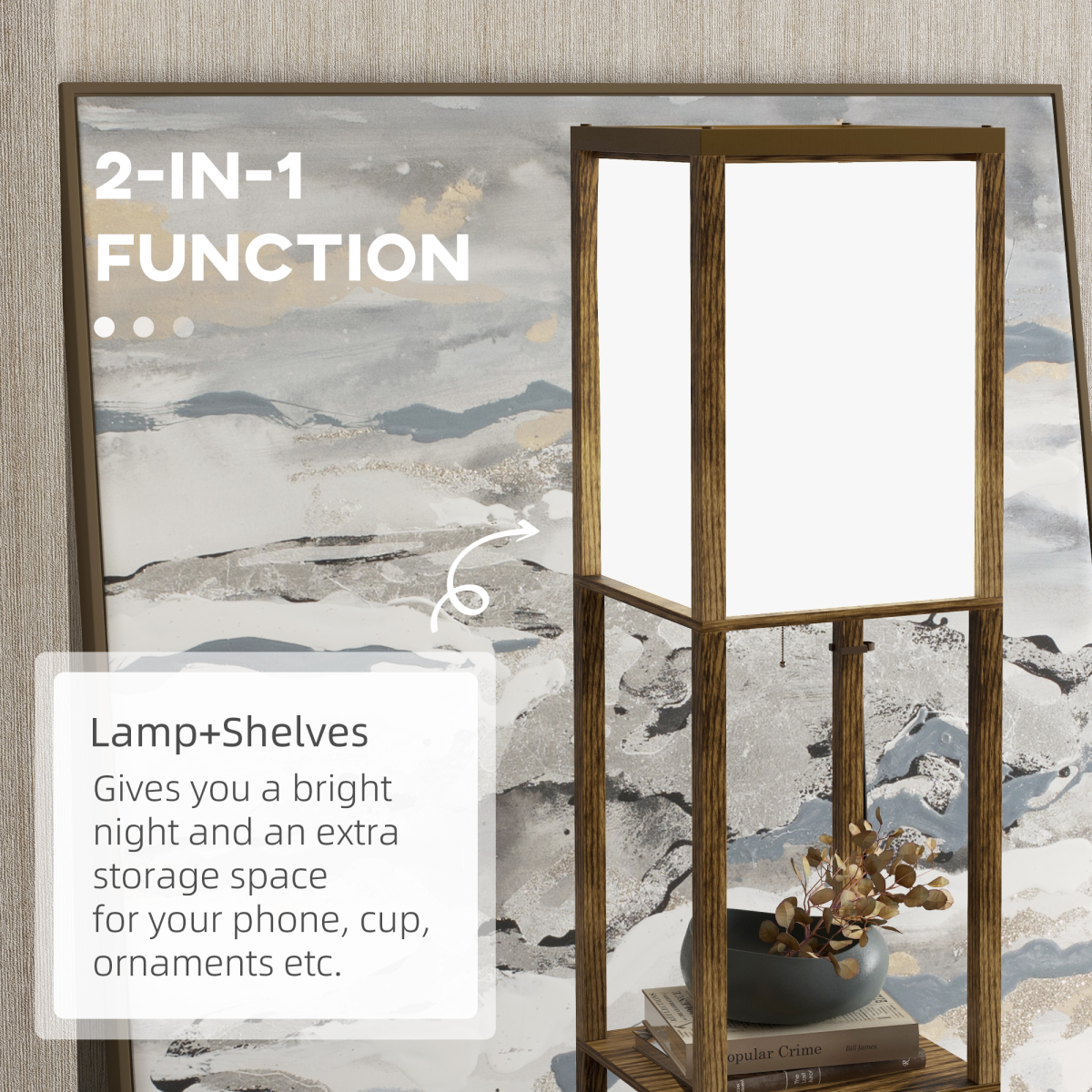 HOMCOM Dual Light Shelf Floor Lamp with Fabric Lampshades & Display Shelves – Living Room Lighting, Brown