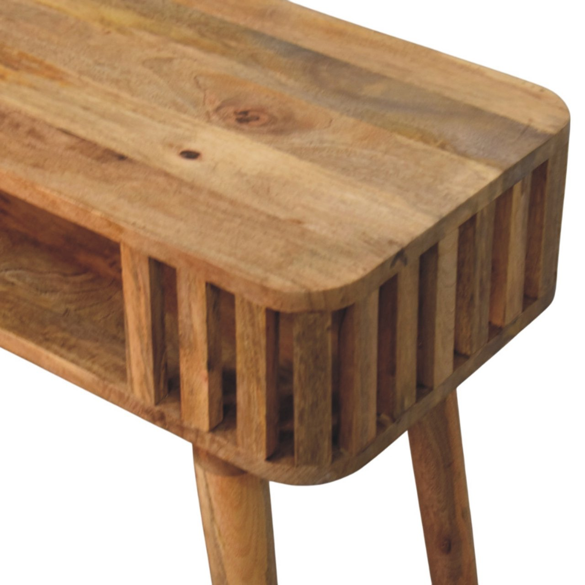 Artisan Furniture Slatted Solid Mango Wood Console Table with Open Shelf & Tapered Legs – Oak-ish Finish, Beige