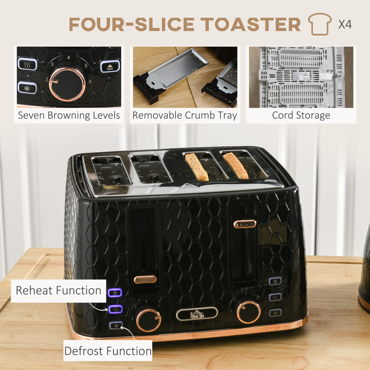 HOMCOM 1.7L Kettle & 4-Slice Toaster Set with Defrost & Reheat – Honeycomb Design Breakfast Set, Black