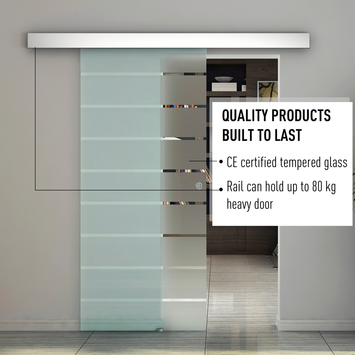 HOMCOM Tempered Frosted Glass Sliding Barn Door Kit with Aluminium Rail – Space-Saving Door for Bathrooms