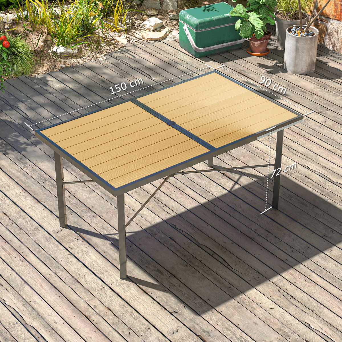 Outsunny Garden Table for 6 with Wood-Effect Galvanised Steel Top & 5cm Umbrella Hole – Outdoor Dining, Grey