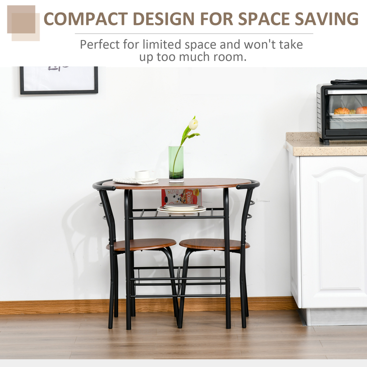 HOMCOM 2-Seater Bar Table and Stool Set with Bottle Storage Shelf – Compact Breakfast Bar, Wood Tone
