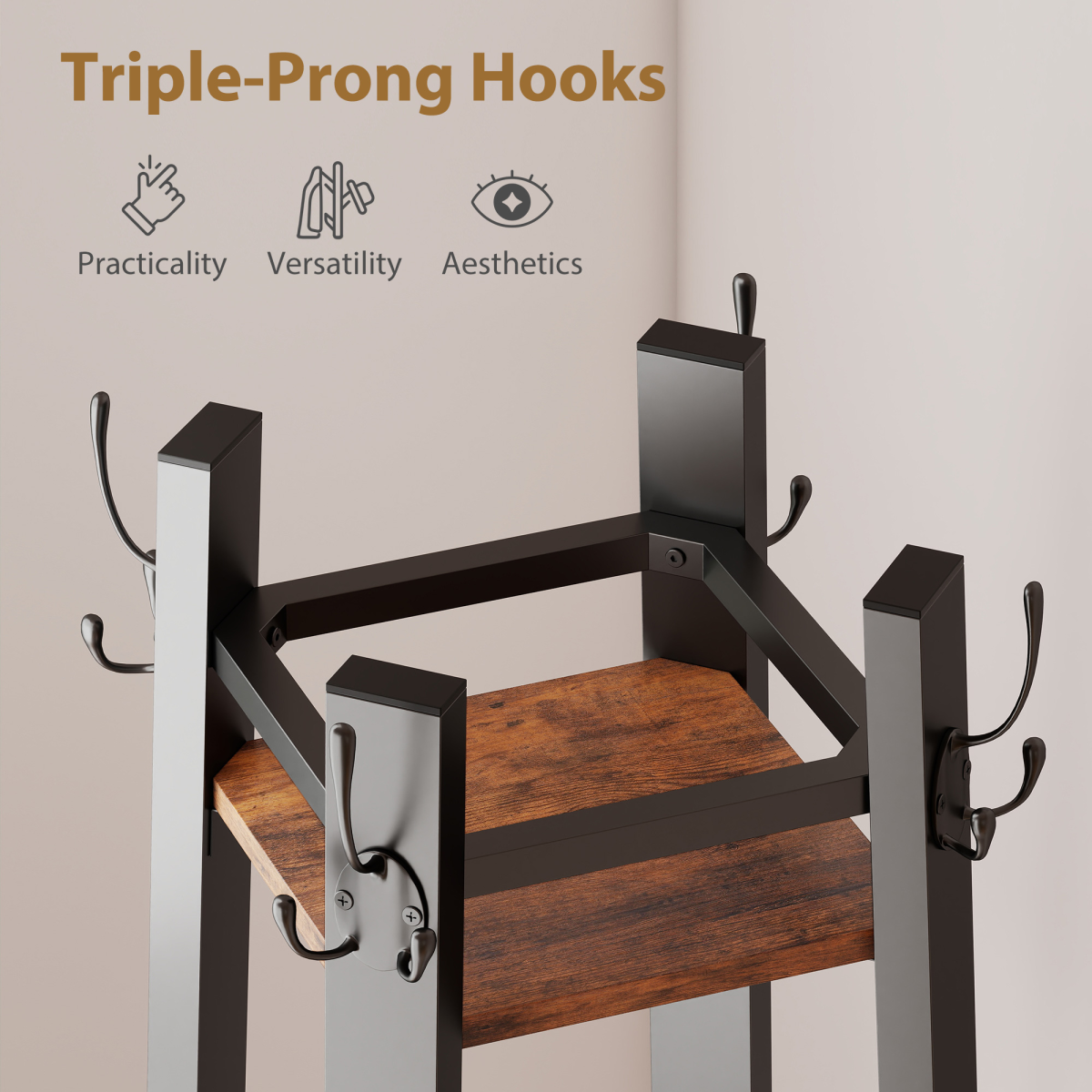 Industrial Coat Stand with 4 Shelves & 8 Triple Hooks – Slim Hallway Storage, Rustic Brown
