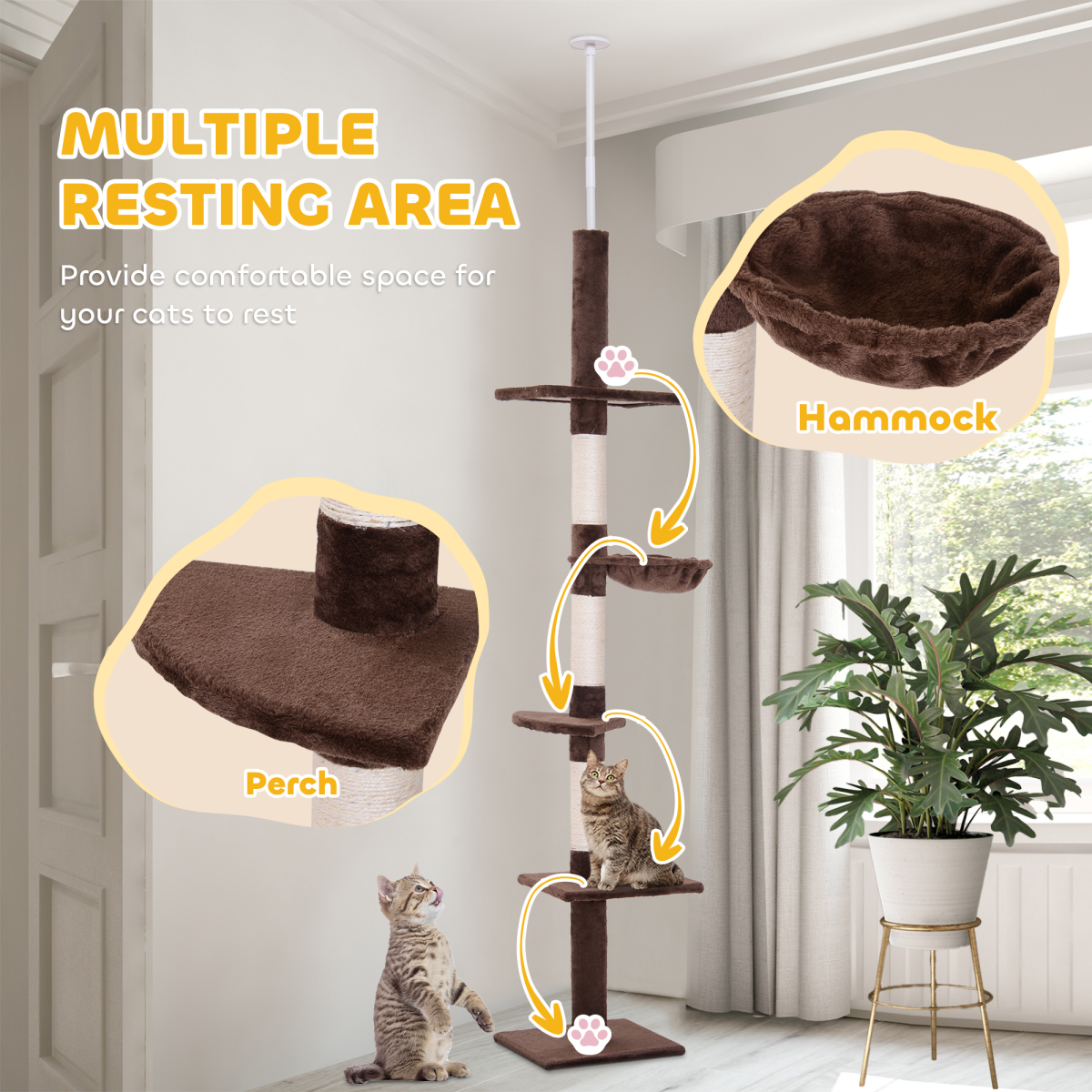 PawHut Floor to Ceiling Cat Tree with 5 Tiers & Scratching Post – Adjustable 230-260cm Kitty Tower, Brown