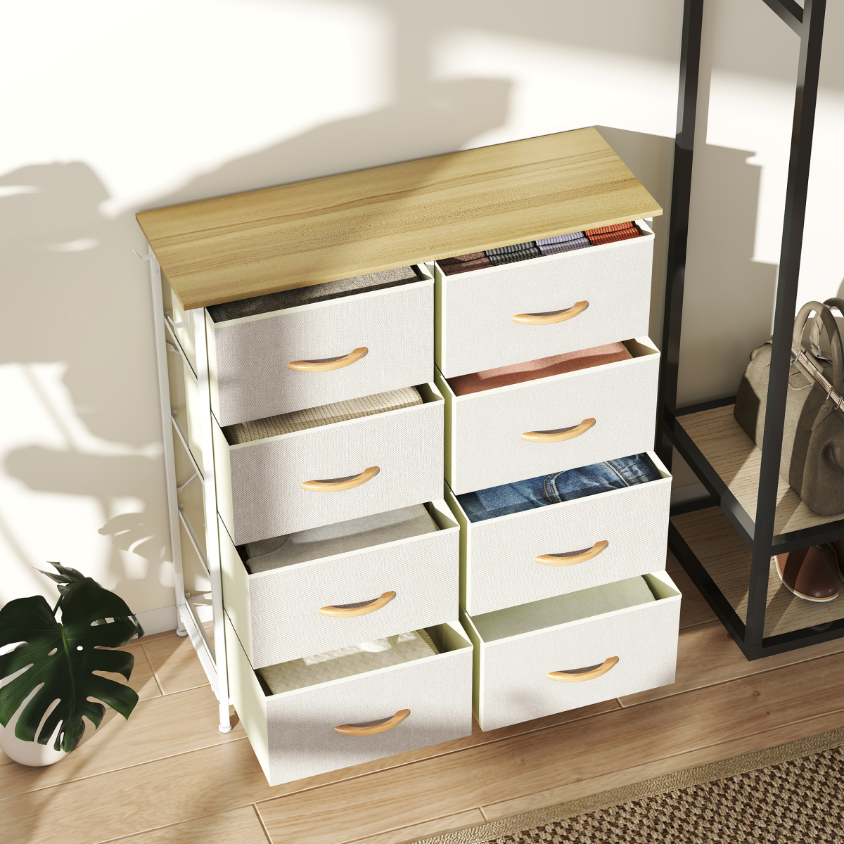 Fabric Chest of Drawers with 8 Drawers, Side Pockets & Hooks – Steel Frame Storage Unit, Beige and Natural Wood