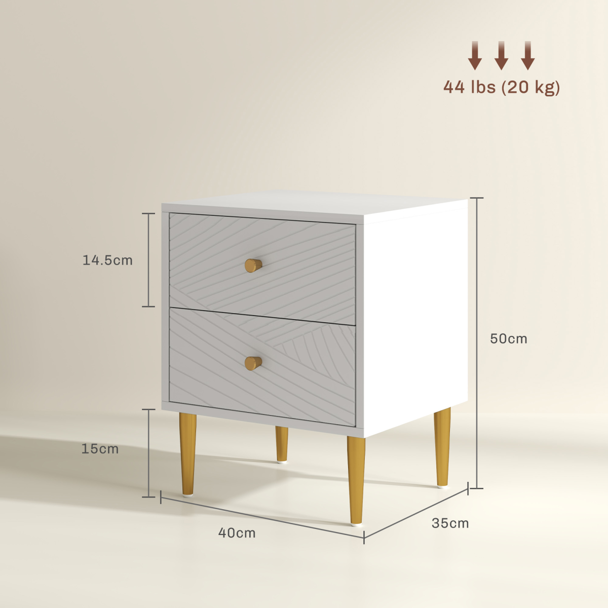 HOMCOM White Bedside Table with 2 Storage Drawers & Gold Tone Handles – Nightstand with Metal Legs