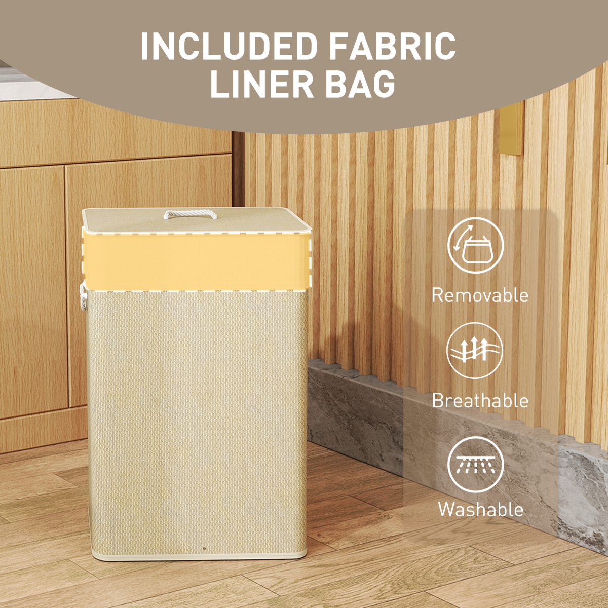Bamboo Laundry Hamper Cabinet with Removable Lid and Detachable Bag – 72L Storage Basket, Natural Wood Finish