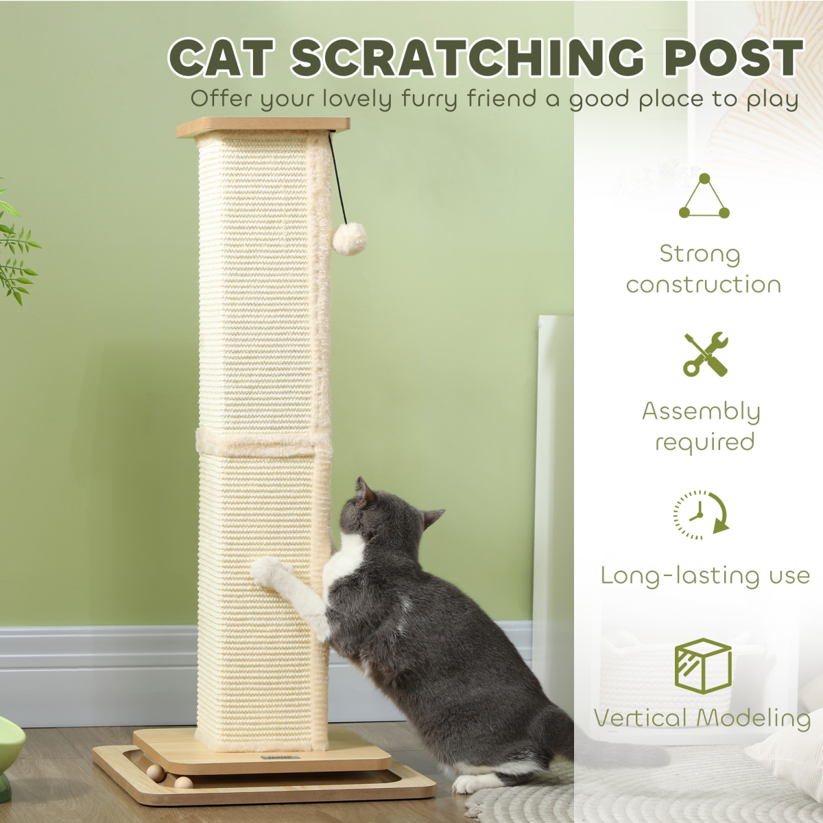 PawHut 87cm Cat Scratching Post 3-in-1 with Sisal Cover, Turntable Rail & Track Ball Toy – Oak