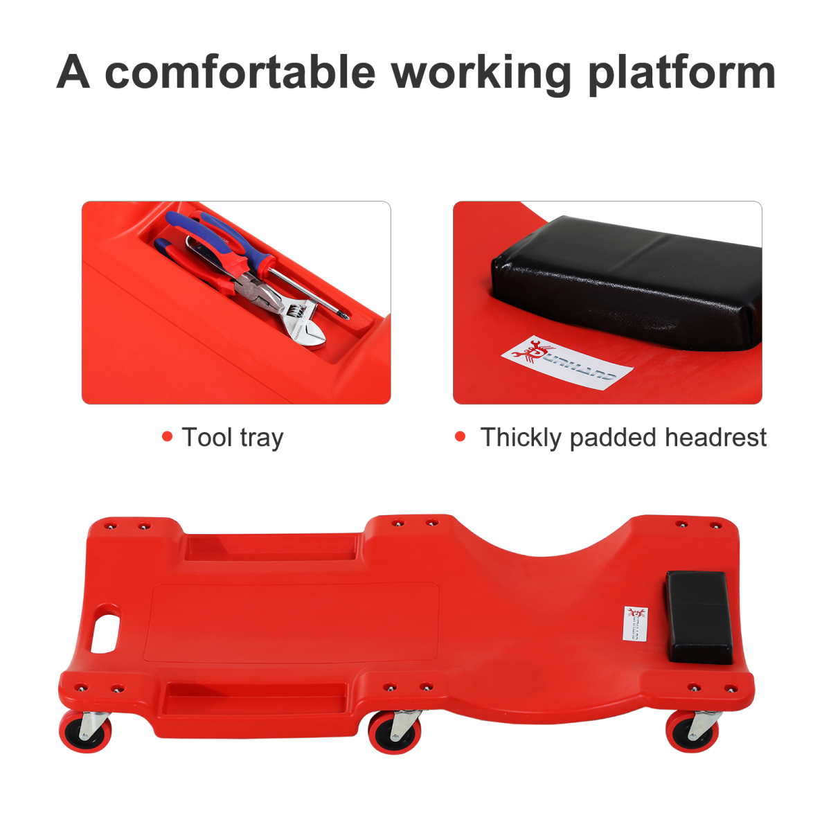 DURHAND Mechanic Creeper with 6 Castor Wheels, Padded Headrest & Tool Trays – Moulded Garage Workshop Creeper