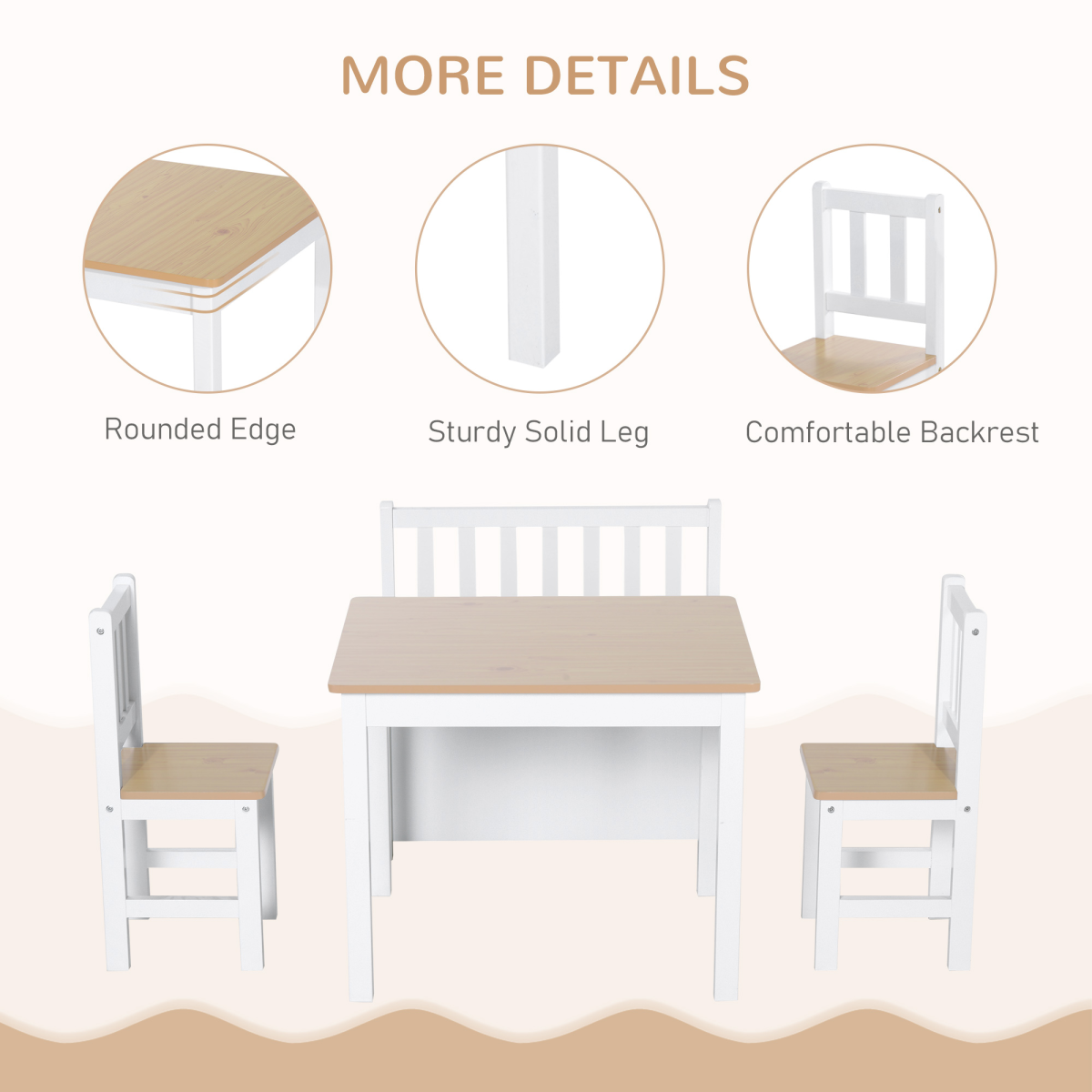 HOMCOM 4-Piece Kids Wooden Table & Chair Set with Storage Bench – Play Furniture for Ages 3+