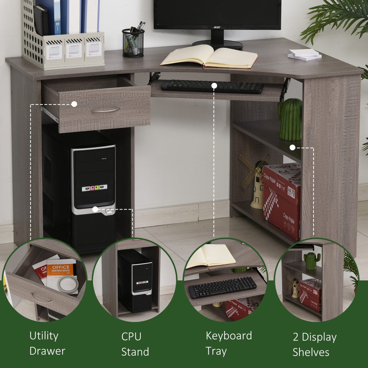 HOMCOM L-Shaped Corner Computer Desk with 2-Tier Side Shelves – Wide Home Office Workstation, Grey