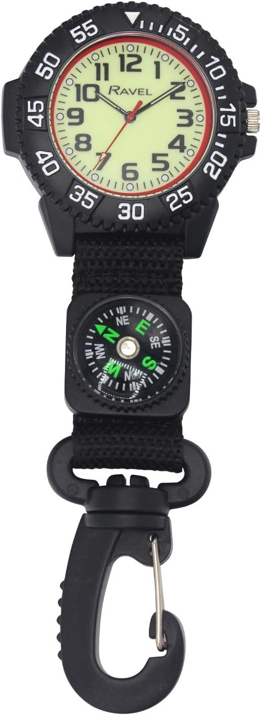 Ravel Clip-On Carabiner Watch with Compass – Luminous Analogue Dial, Black Nylon