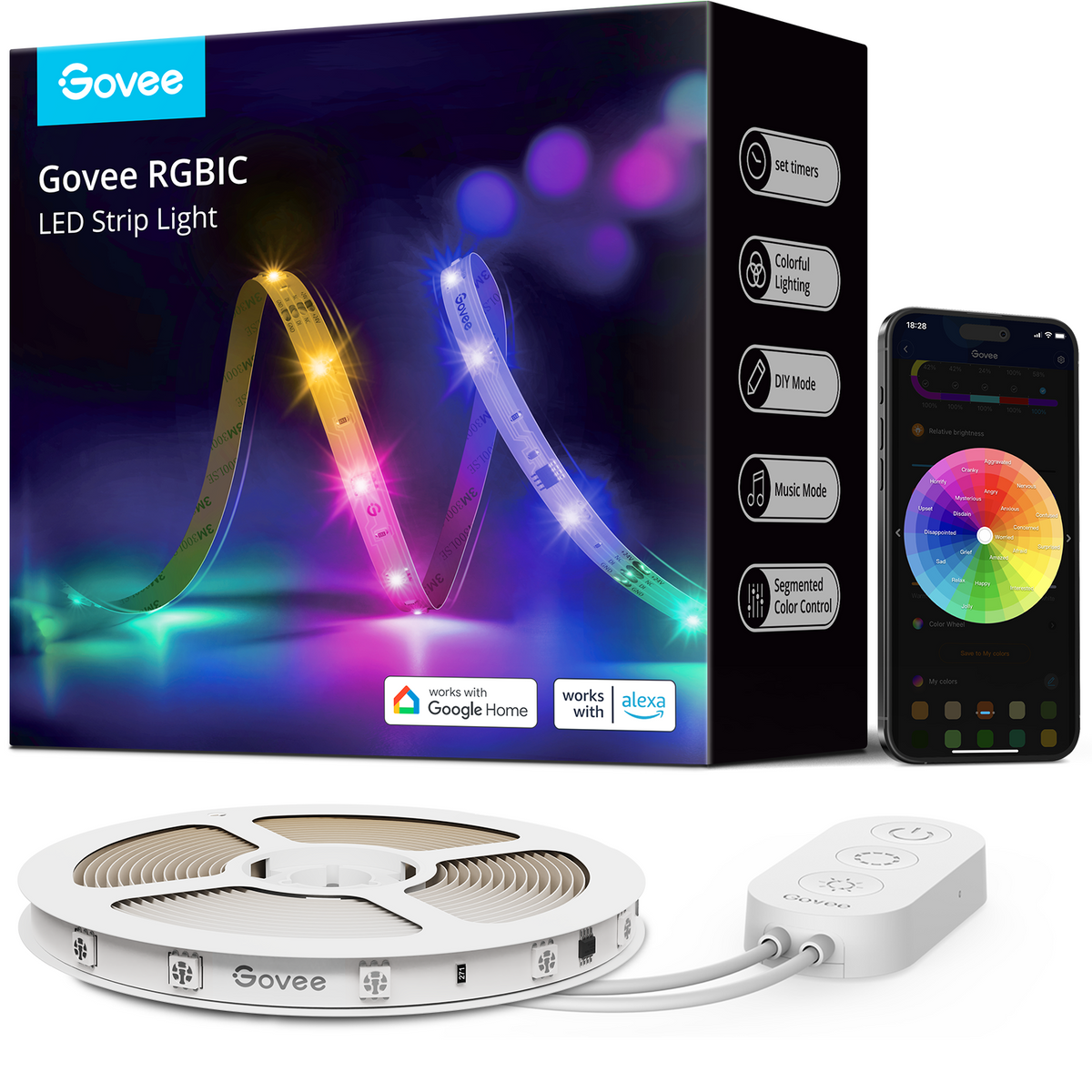Govee RGBIC Basic WiFi & Bluetooth LED Strip Lights, 5m – App & Voice Control with 64+ Scene Modes