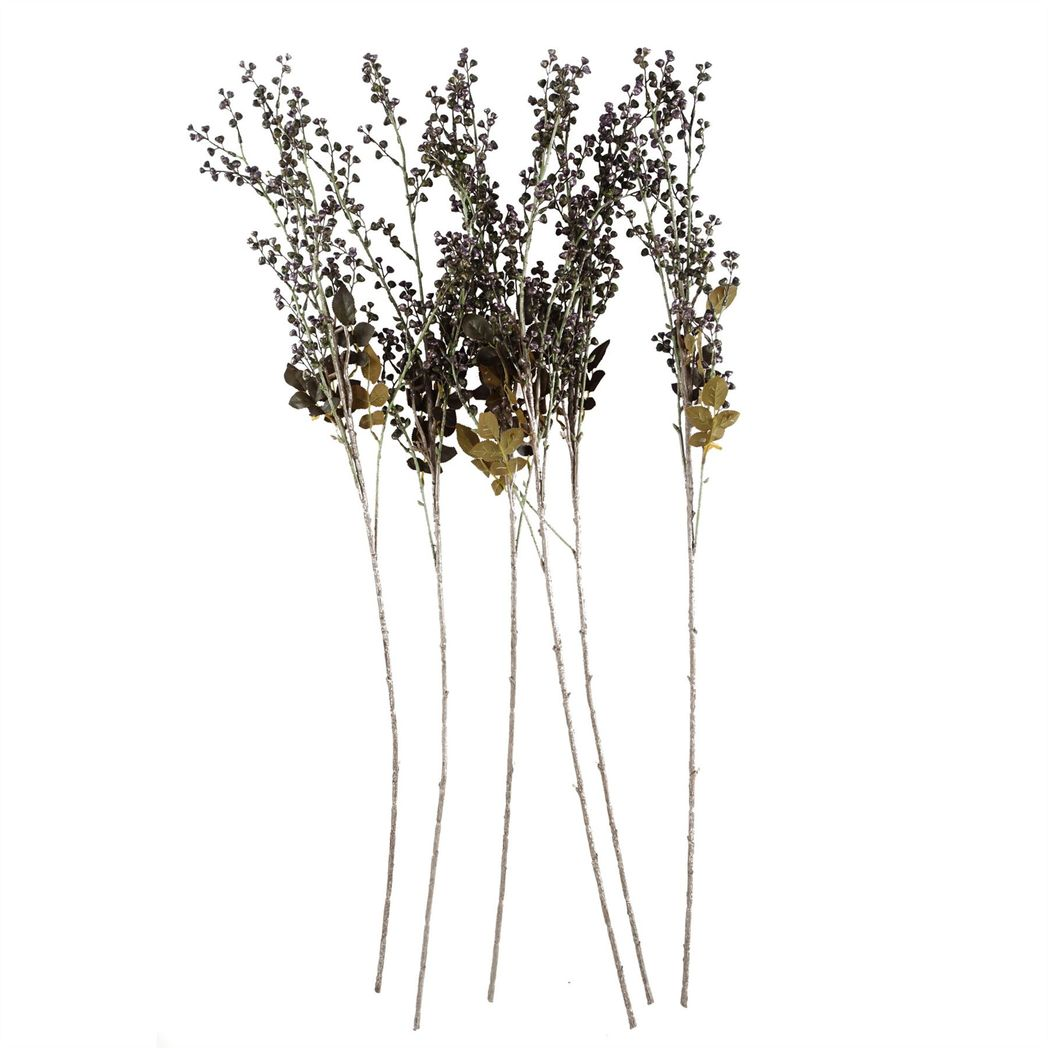 Leaf Artificial Dark Berry Stems, Pack of 6 x 85cm with Silk Leaves – Purple Faux Berries
