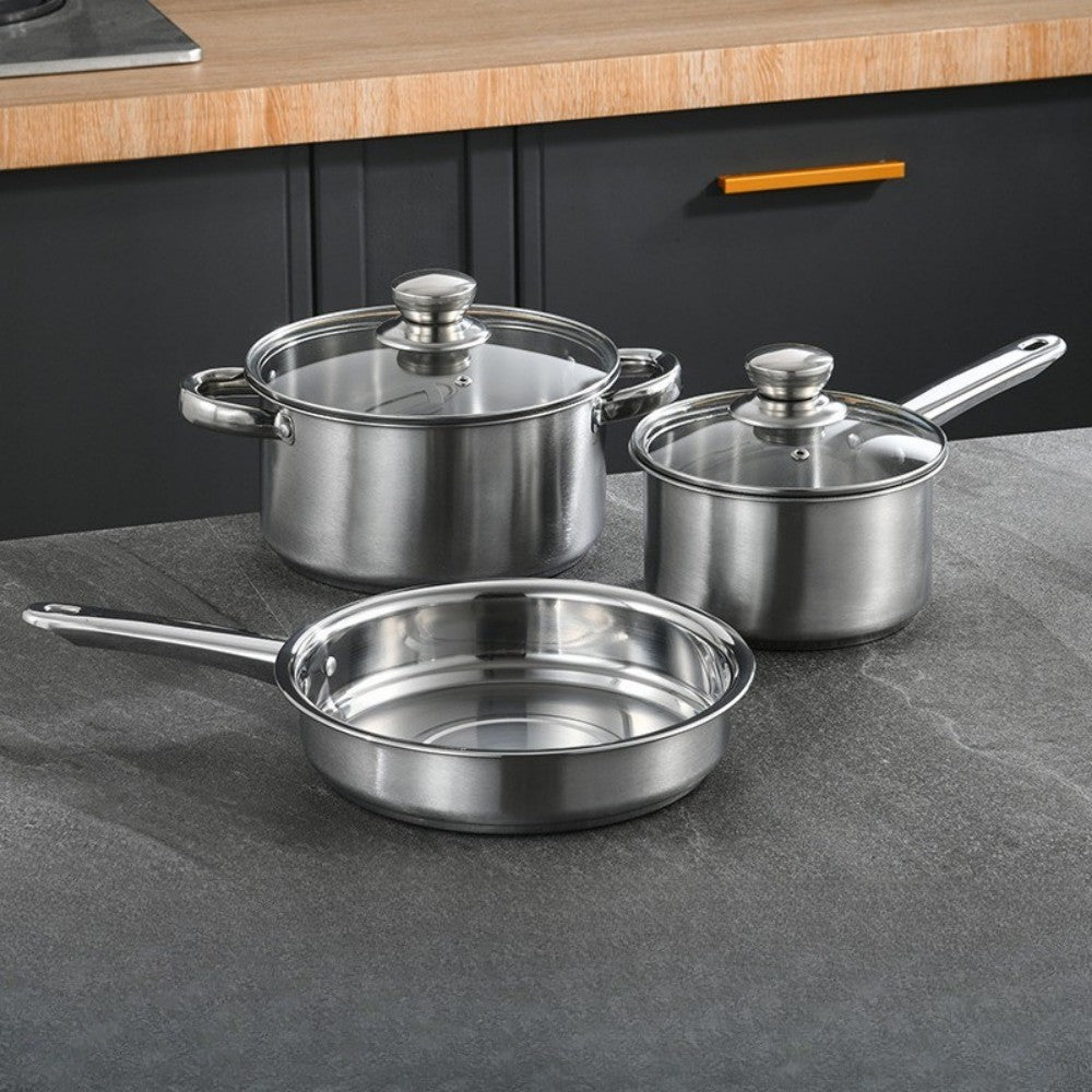 Stainless Steel 3 Piece Cookware Set with Milk Pan, Stockpot, Frying Pan and Glass Lids – Steel Handles