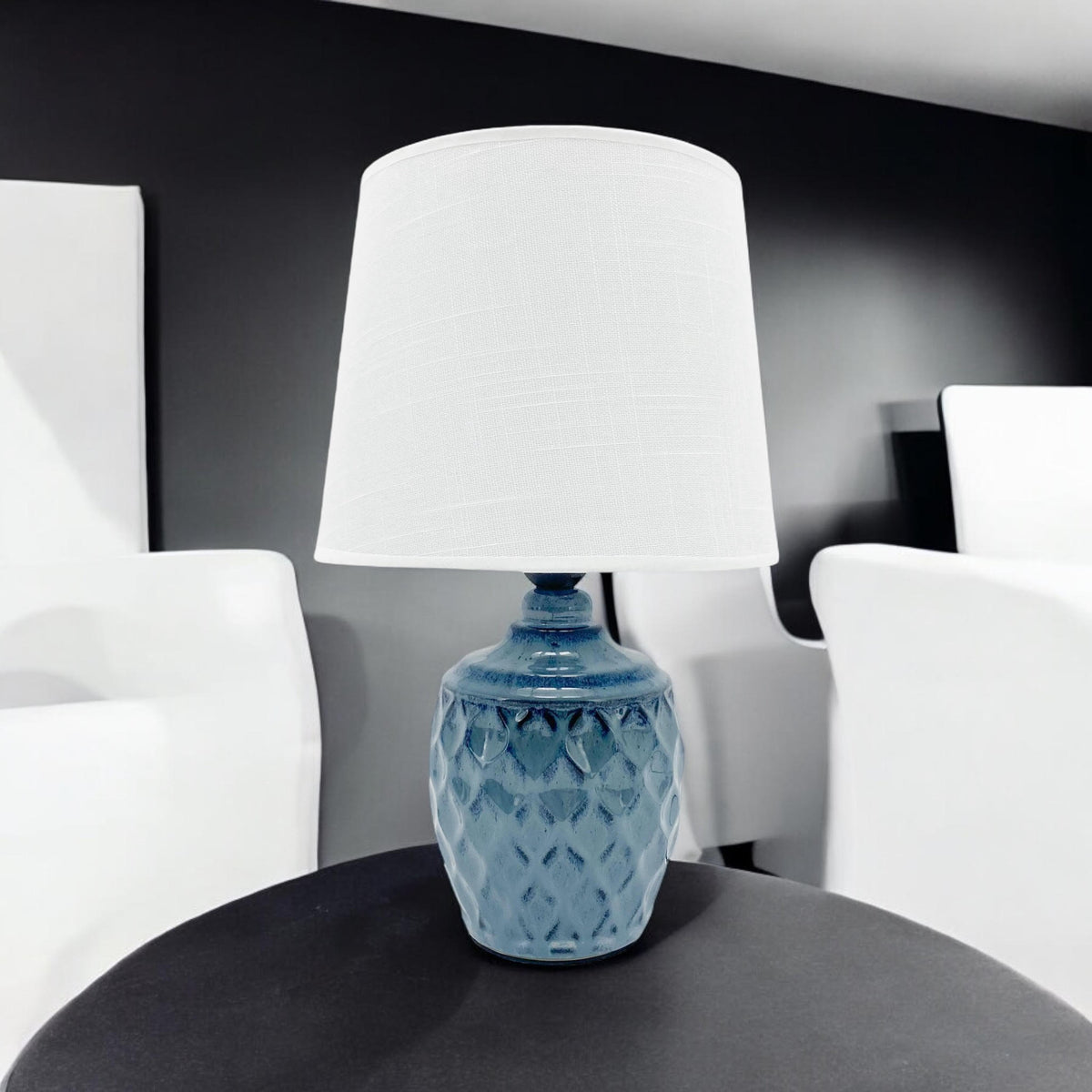 AcaciaHome 40cm Blue Ceramic Table Lamp with White Drum Shade – Corded 240V Home & Office Lighting