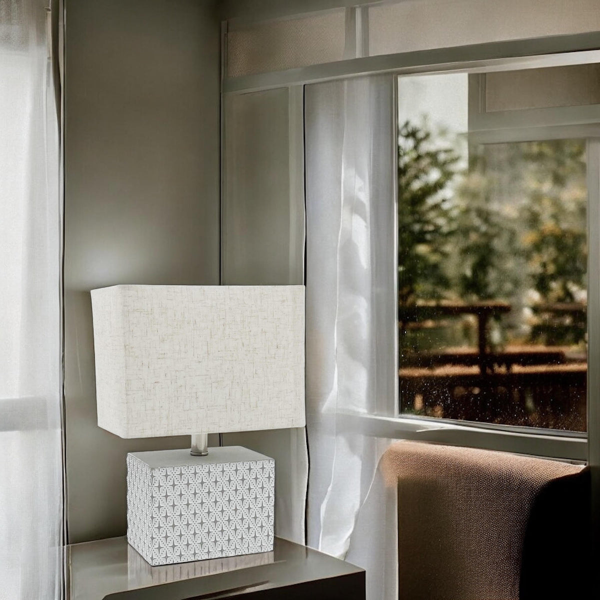 Cream Cement Table Lamp with Diamond Pattern Base & Empire Fabric Shade – Art Deco Style
