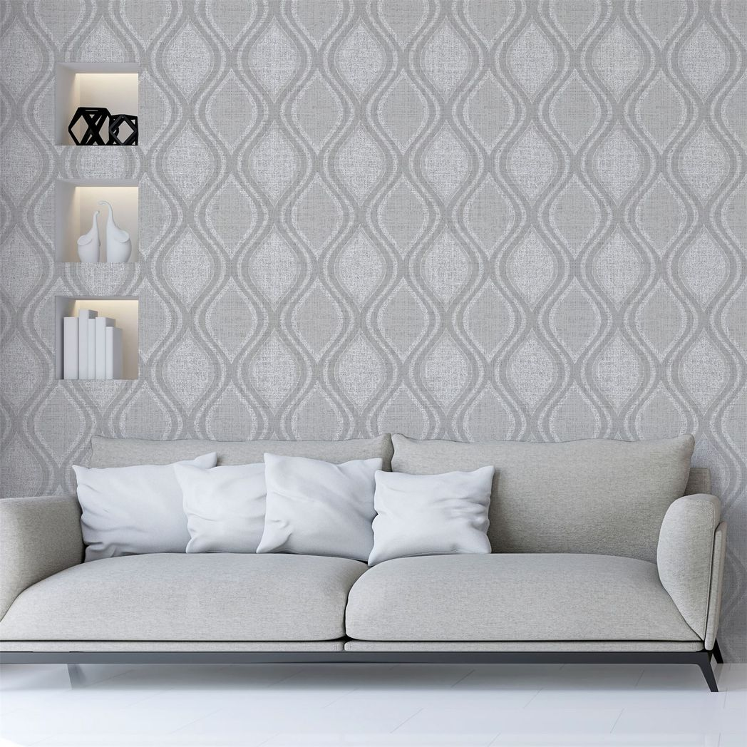 Arthouse Curve Heavyweight Vinyl Wallpaper with Teardrop Design & Metallic Shimmer – Strippable, Grey