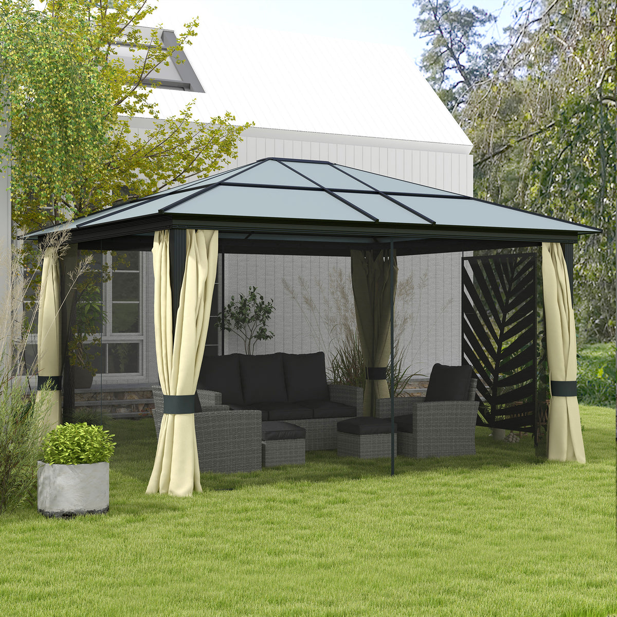 Outsunny 4.3 x 3.6m Aluminium Hardtop Gazebo with Polycarbonate Roof, Curtains & Netting – Brown