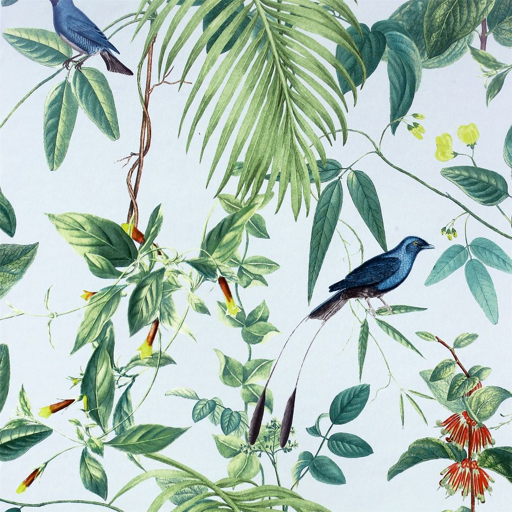 Arthouse Exotic Garden Wallpaper with Birds, Flowers and Foliage – Vintage Botanical Print, Blue