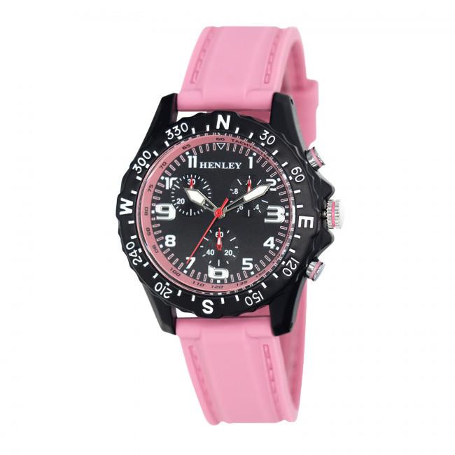 Henley Ladies Round Sports Watch – Matt Black Dial, Pink Silicone Strap