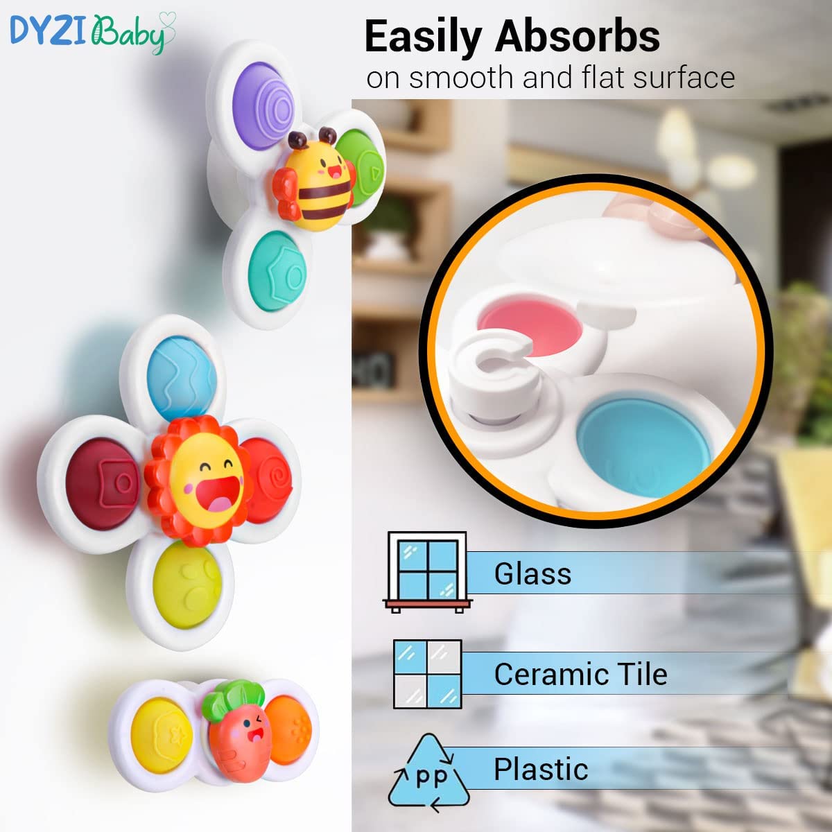 DYZI Suction Cup Spinner Bath Toys – Sensory Toys for Toddlers, Set of 3 Sun, Bee and Carrot Spinners