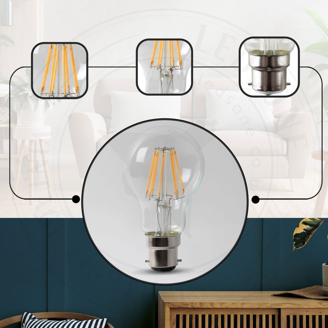 2 Pack A60 B22 Bayonet LED Filament Bulbs, 4W 450 Lumens – Dimmable Retro Glass Bulbs, Cool White 6000K