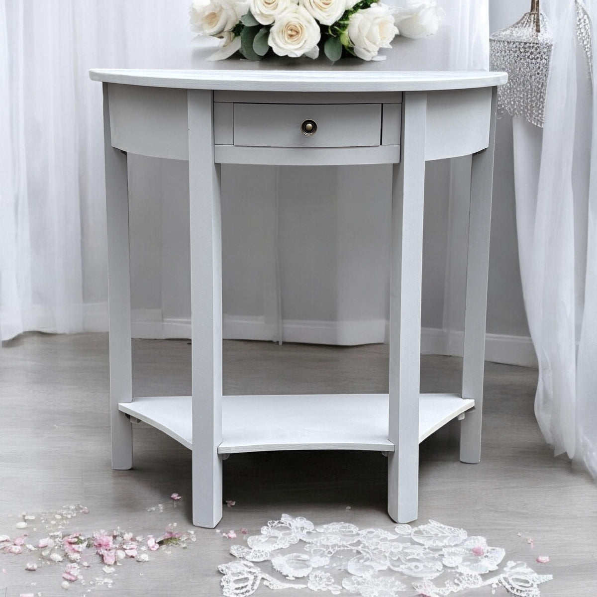 Art Deco 1 Drawer Semicircle Console Table with Satin Knob Handle – Medium Wood Tone Hallway Storage, Grey
