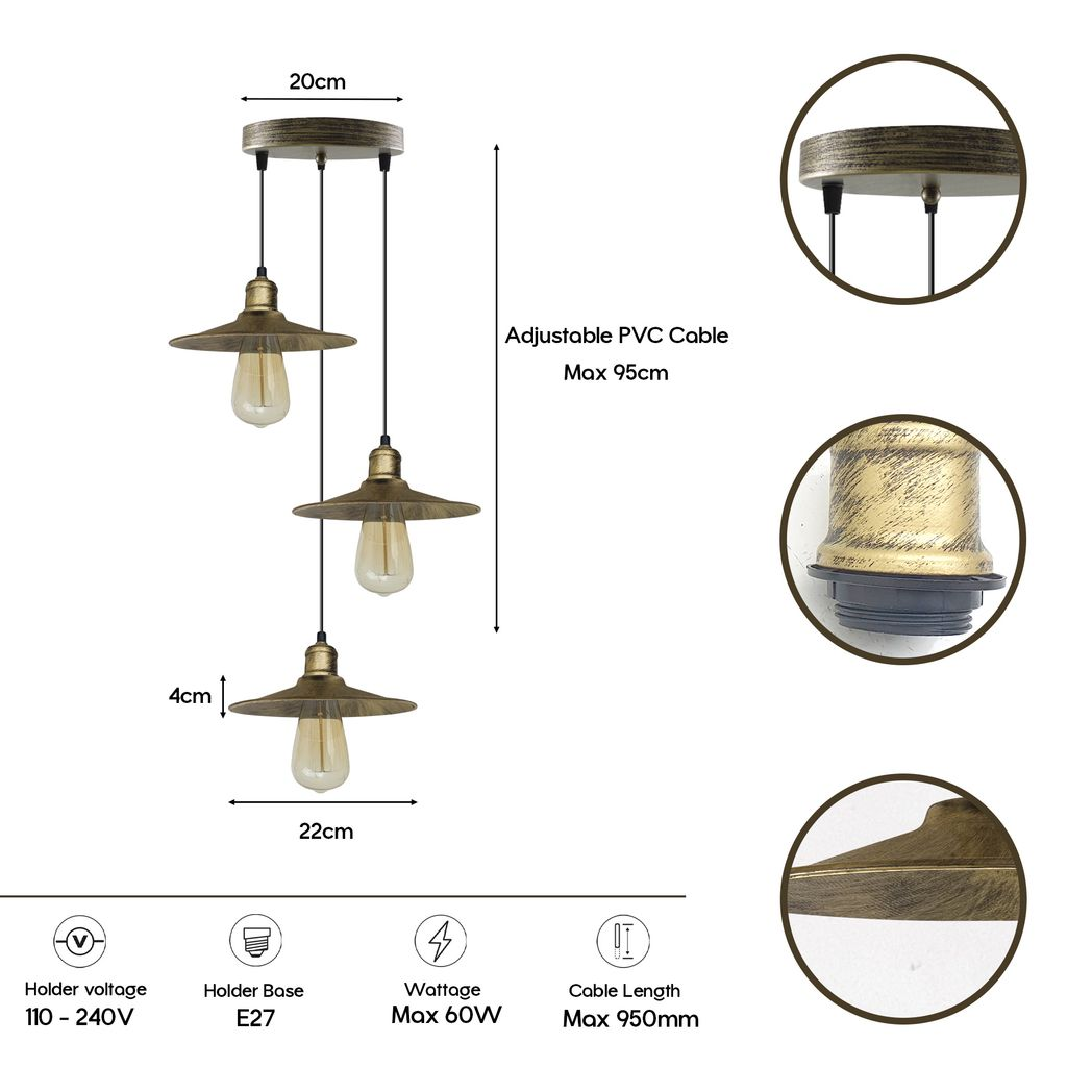 LEDSONE 4 Head Vintage Industrial Brushed Brass Ceiling Pendant Light with 22cm Shades – Dimmer Compatible