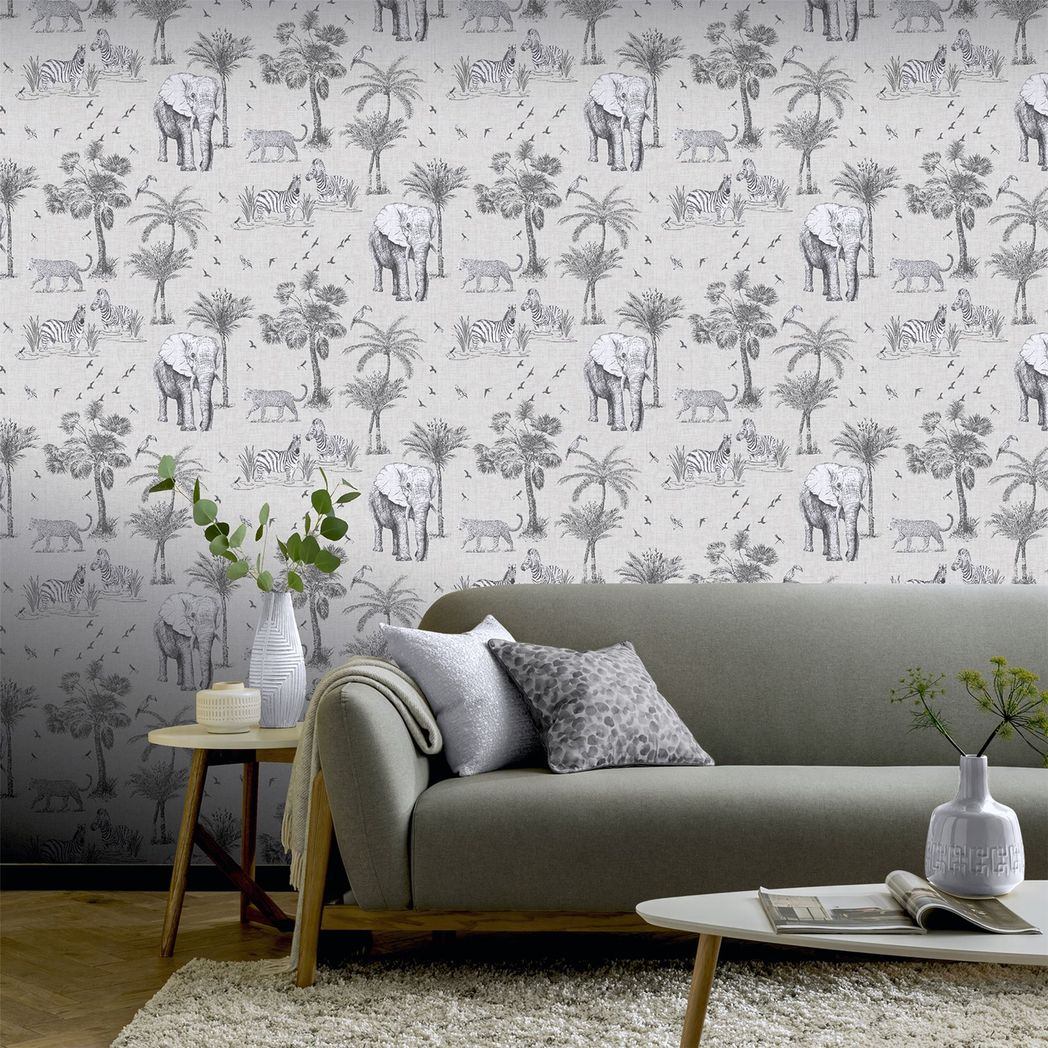 Arthouse Safari Lagoon Wallpaper with Hand-Drawn Safari Animals & Palm Trees – Linen-Look Feature Wall, Grey