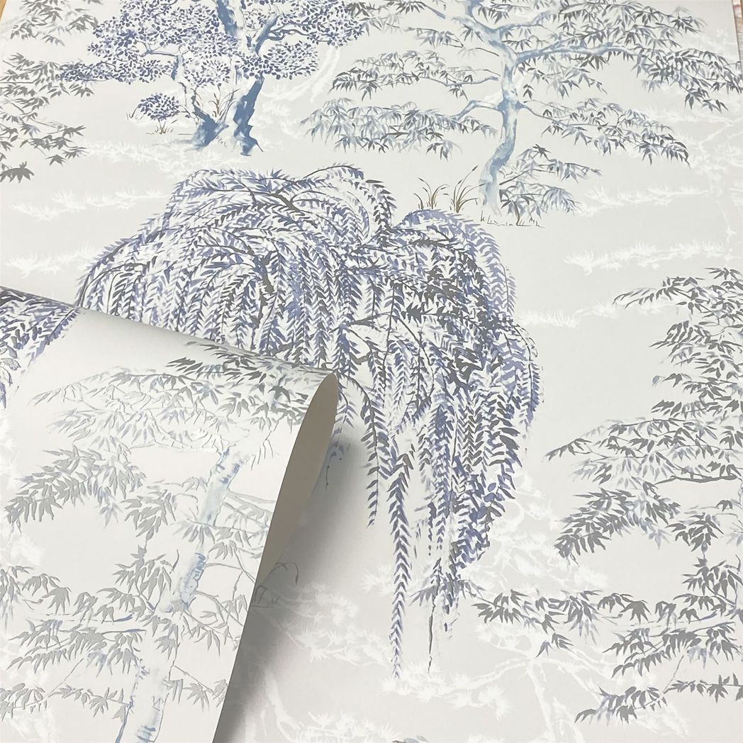 Arthouse Oriental Garden Tree Print Wallpaper – Soft Blue Feature Wall Design, Paste the Paper
