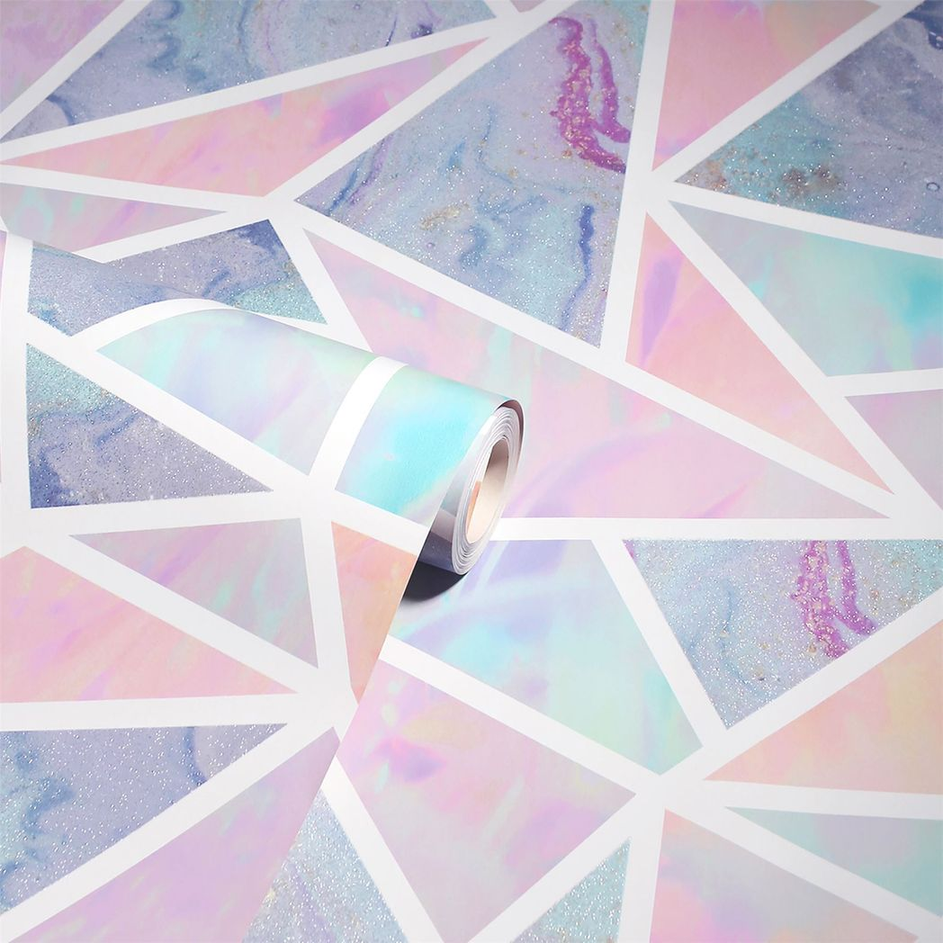 Arthouse Pastel Geo Multi Geometric Wallpaper with Glitter Highlights – Pink & Purple Marble Feature Wall