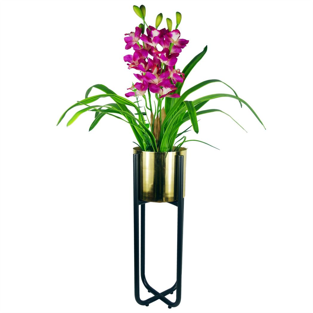 Tall Black Metal Planter Stand with Iridescent Rainbow Metal Planter, 62cm – Handcrafted Indoor Plant Display