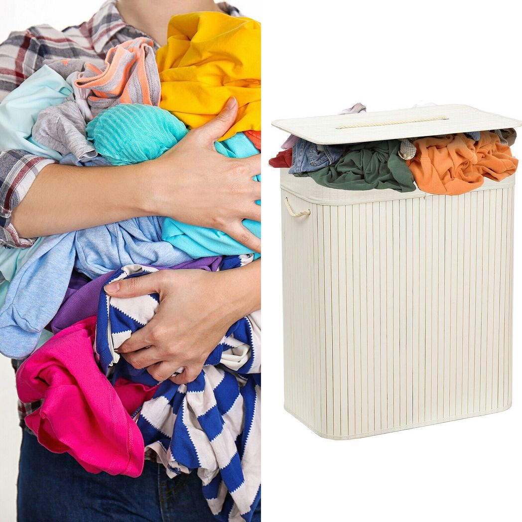 Rectangular Bamboo Laundry Basket with Lid, Divider & Rope Handles – Storage Organiser for Bathroom & Laundry Room, White