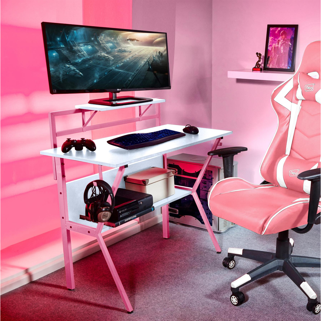 Neo 2-Tier Gaming Computer Desk with Monitor Shelf, Headphone Hooks & Carbon Fibre Texture Top – Pink